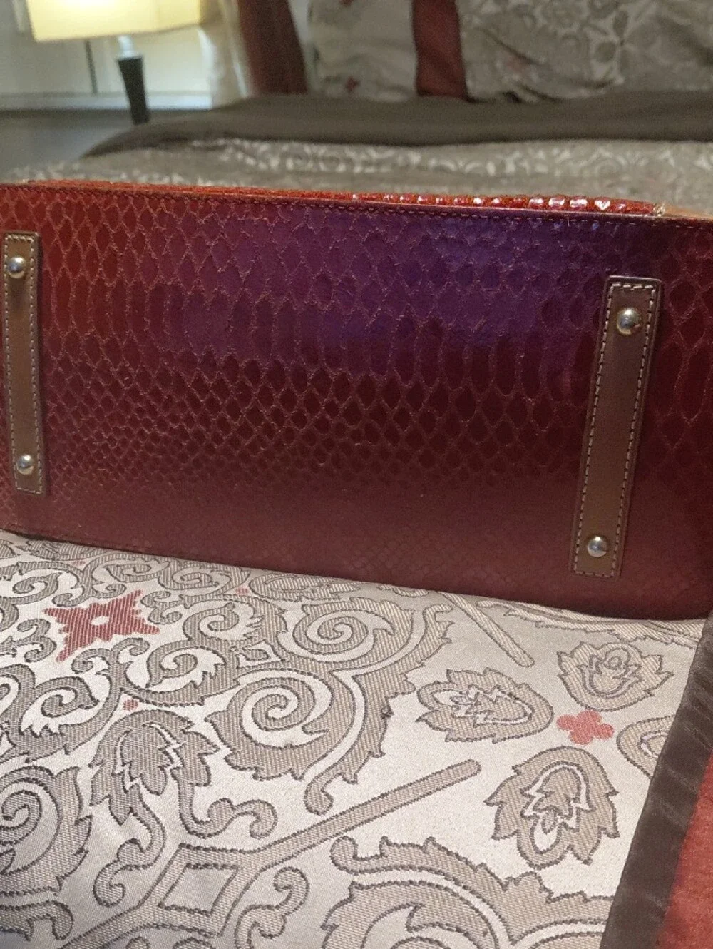 Dooney & Bourke Glossy Red Faux-Snakeskin Hobo with Brown Trim & Wallet